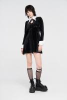 Black velvet dress with white collar and cuffs, bolero effect, witchy nugoth, Punk Rave