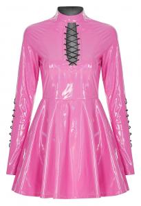 Shiny pink vinyl short dress with sleeves and black lacing, girly fetish, Punk Rave