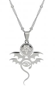 Silver evil eye necklace, occult necromancy witchcraft symbol, winged snake pentacle