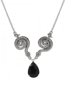 Silver coiled dual snake necklace with black stone, Gothic