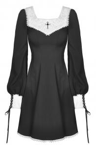 Black dress with white vintage pattern collar and cross, retro witch, Darkinlove