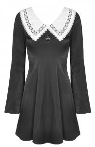 Short black dress with vintage white collar and cross, retro witch, Darkinlove