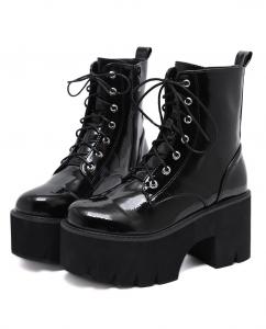 Black glosse vinyl wedge ankle boots, zip and lacing, gothic fetish rock