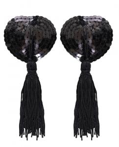 Heart shape black sequins nipple cover with tassel