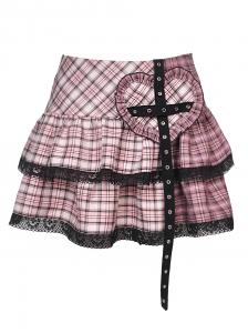 Pink tartan skirt with black lace trim and heart, kawaii babygirl Darkinlove