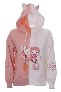 Sweat hoodie rose et blanc, lapin et chat amoureux, kawaii mignon, capuche avec oreilles