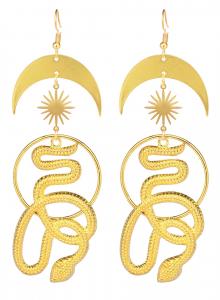 Snake goddess golden earrings, moon and sun