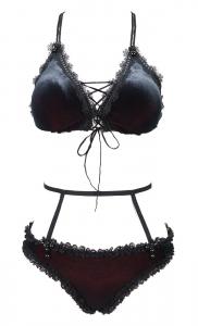 Black 2pcs swimsuit with embroidery, straps and lacing, elegant goth lingerie