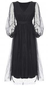 Long elegant black dress, transparent puff sleeves, evening dress