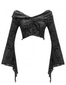 Black silver crop top with elegant semi transparent floral pattern and long sleeves