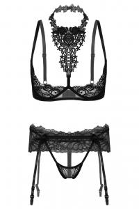 Black lingerie set in lace and embroidery, bra and garter belt, sexy