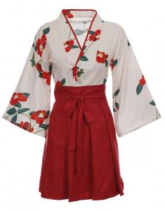 Red kimono set with flowers and accessories, manga japan inspired yukata costume