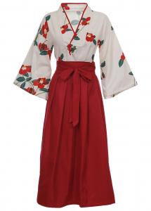 Ensemble kimono long rouge  fleurs et accessoires, costume yukata inspiration japon manga