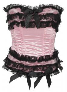 Pink satin overbust corset with black lace and bows