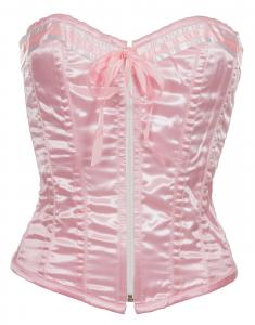 Pink satin overbust corset with zip and bow
