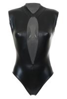 Black faux leather bodysuit swim wear with zip, sexy goth fetish cosplay