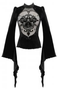 Black velvet top, flared sleeves, embroidered transparent fishnet bust, elegant goth