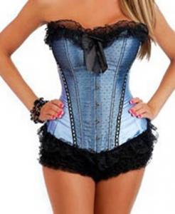 Blue Corset with black lace and seams