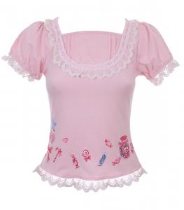 T-shirt rose avec bonbons confitures et dentelle top lolita