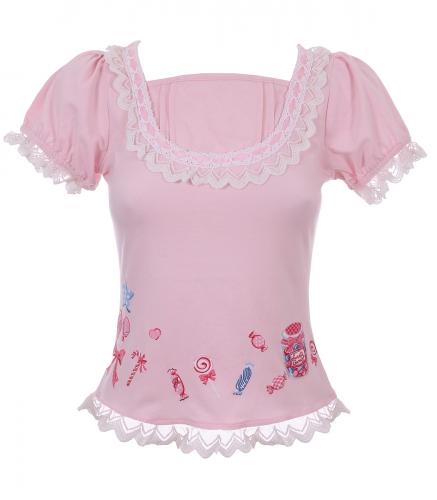 T-shirt rose avec bonbons confitures et dentelle top lolita