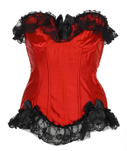 Red corset with black lace and shirring