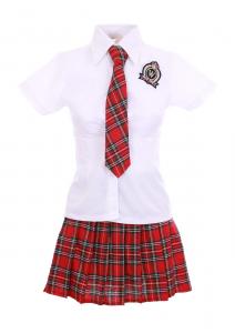 Schoolgirl Outfit Japanese Korean cosplay checkboard red and white + tie