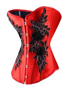 Corset rouge  motifs floraux et rose noir, contours argents