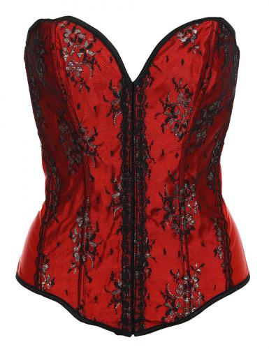 Red corset with cleavage, black and silver patern