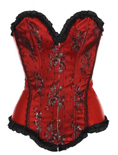 Red corset, with cleavage, black and silver flowers