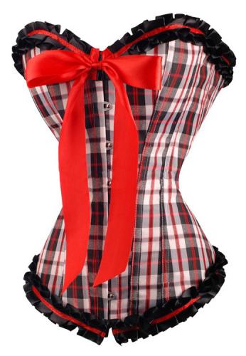 Corset black white red checkboard with ribbon and bow