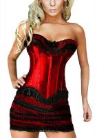 corset et jupe rouge brillant avec dcorations dentelles noires