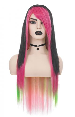 Long wig black pink and green 85cm, rock lolita