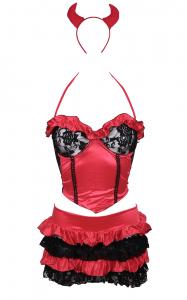 Set skirt, top and red and black devil headband with lace, halloween costume