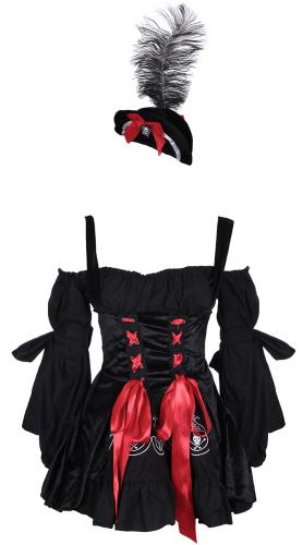 Black cotton and velvet dress with red ribbons, white embroidery, pirate disguise