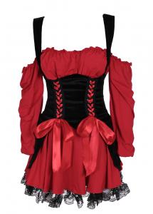 Robe pirate rouge  velours noir avec dentelle et rubans, costume dguisement