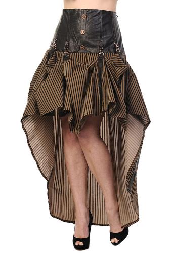 Banned Steampunk long skirt brown with stripes, straps and gear SBN218