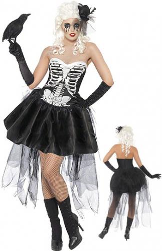 Costume robe noirs et blanche avec motif squelette et mini chapeau