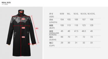 Black coat with bat collar and straps, punk rave Y-473 Size Chart