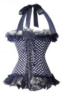 Black corset with white dots, black lace, ribbons ans straps