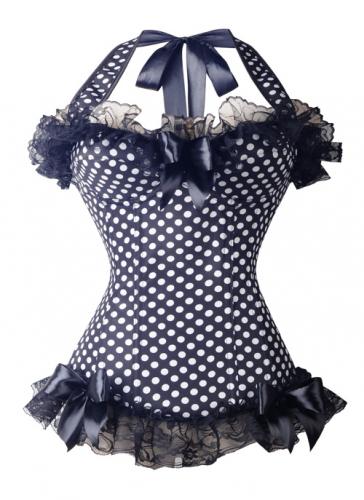 Black corset with white dots, black lace, ribbons ans straps