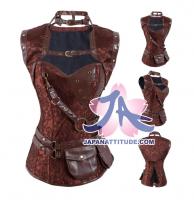 Brown steampunk corset with choker, bolero and belt pockets