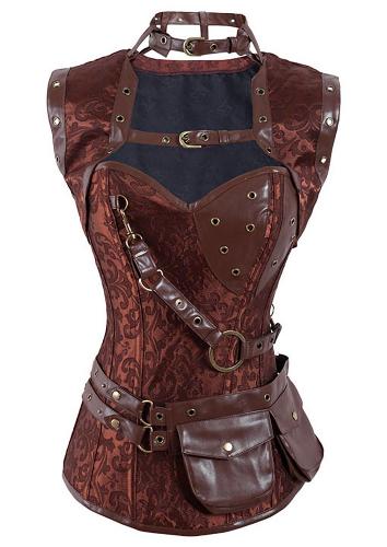 Corset marron  motif steampunk avec ras de cou, bolro et poches ceinture