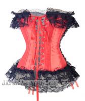 Red overbust corset with black lace and lacing Victorian Gothic