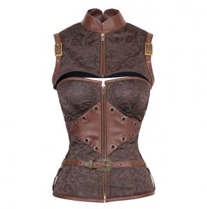 Corset marron motif floral avec cuir synthtique et bolro Steampunk 130