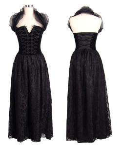Robe longue noire velour laage au dos et dentelle, gothique lgant
