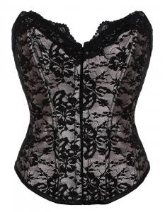 Off-white overbust corset with black floral lace, back lacing, elegant sexy gothic