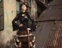Black shirt with lace ruffles and yokes, ornated collar with gears Steampunk