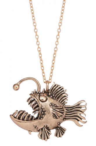 Antique gold necklace with lantern fish pendant, vintage steampunk gothic