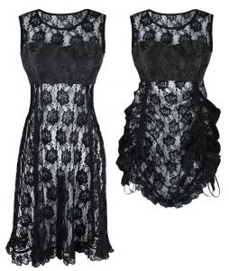 Top robe ou nuisette 2en1 noir en dentelle transparente, devant ajustable, sexy gothique