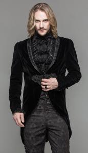 Black velvet men jacket with embroidered tie and decorated collar, elegant gothic aristoc